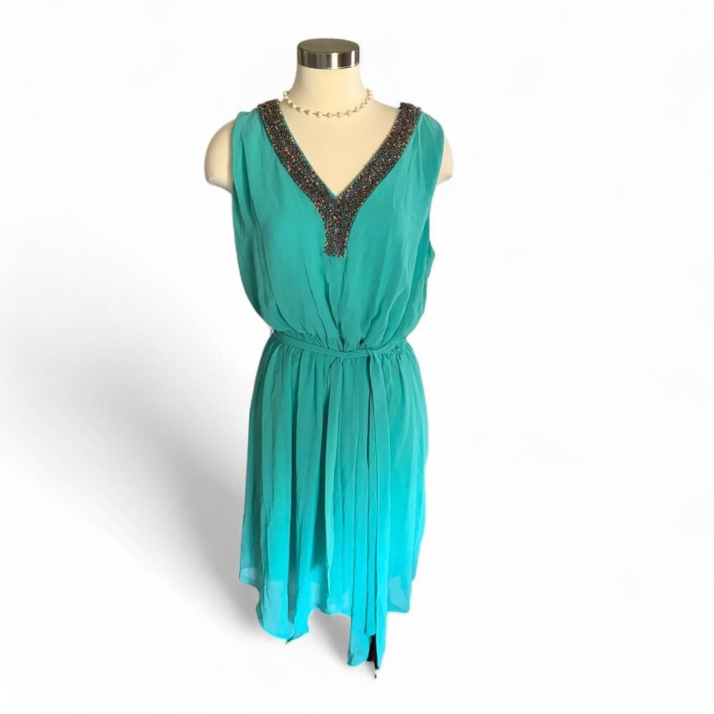 Thalia Sodi Teal Beaded Mini Dress Sleeveless Tie Waist Hi Low Turquoise XL - Picture 3 of 8